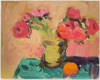 Lot 236 - Annelise Firth (b. 1961) oil on board - Still Life Flowers & Orange, signed and dated 2025 verso, 24cm x 30cm, unframed