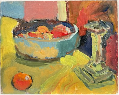 Lot 235 - Annelise Firth (b. 1961) oil on board - Still Life Apples, Orange & Silver Candlestick, signed, dated 2025 and titled verso, 24cm x 30cm, unframed