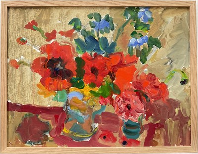 Lot 228 - Annelise Firth (b. 1961) oil on canvas - Still Life Oriental Poppies and Nigella, signed and dated 2025 and titled verso, 35cm x 45cm, framed