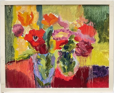 Lot 229 - Annelise Firth (b. 1961) oil on canvas - Still Life Tultips in Two Vases, signed, dated 2024 and titled verso, 40cm x 50cm, framed