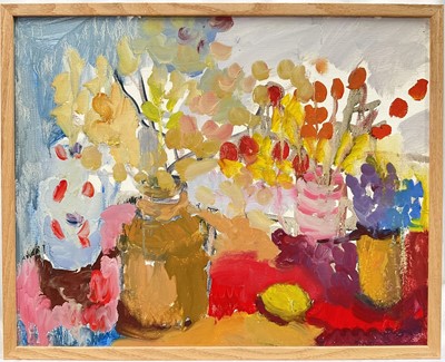 Lot 230 - Annelise Firth (b. 1961) oil on board - Still Life Japanese Flowers and Lemon, signed, dated 2025 and titled verso, 39.5cm x 49.5cm, framed