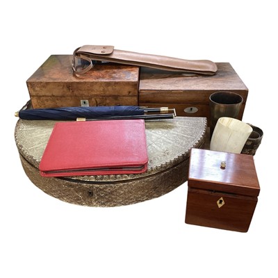 Lot 49 - Two Victorian work boxes, horn beakers, Brigg of London folding parasol in leather case and other items