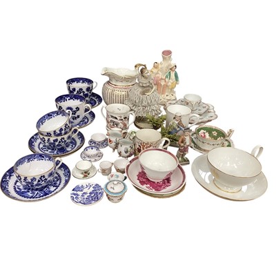 Lot 48 - Group of decorative ceramics to include teaware, pair of Continental figures and other items