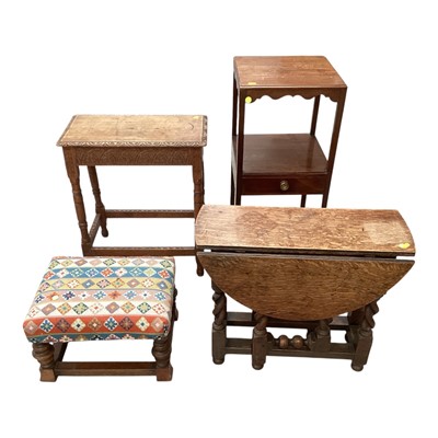 Lot 1306 - Antique oak occasional table, drop-flap barley twist table, tapestry upholstered stool and a Georgian mahogany wash stand