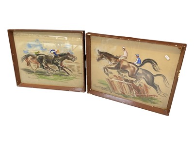 Lot 5194 - Edward S. Billin (1911-1995) paror of mixed media pictures of horse racing, together with three Chinese embroidered panels