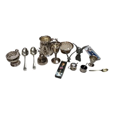 Lot 5193 - Group of silver and silver plate to include silver salts, silver plated mug etc