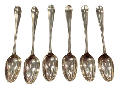 Lot 907 - Set of six George II silver teaspoons with period engraved initials