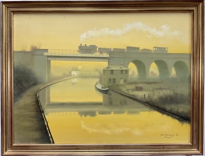 Lot 195 - Eric Bottomley (b.1948) oil on canvas - The Viaduct, signed and dated '82, 46cm x 61.5cm, in gilt frame