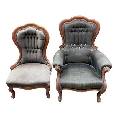 Lot 1402 - Victorian mahogany framed chair upholstered in orignal horsehair, matching nursing chair in other fabric and a set of four similar chairs