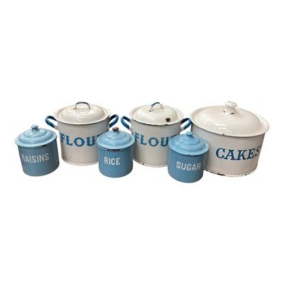 Lot 40 - Pair of enamel flour bins, cake tin nd a trio of pale blue kitchen comestible jars