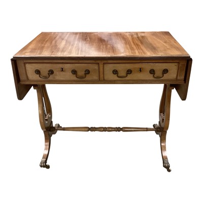 Lot 1399 - Late 19th century mahogany sofa table with twin drop-flaps and drawers, on lyre shaped end stands joined by turned stretcher on splayed legs