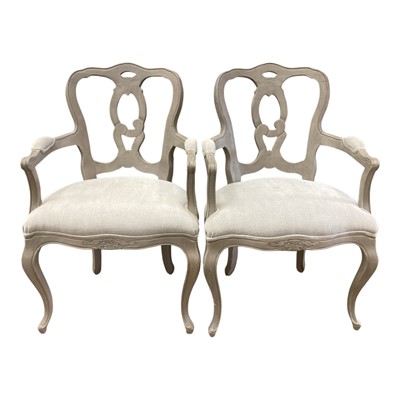 Lot 1370 - Pair of antique style grey painted open elbow chairs with upholstered seats