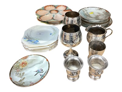 Lot 59 - Pair of sarreguemines oyster plates, Japanese plates, Shelley tea plates, plated items and a set of six silver coffee bean end spoons in fitted case