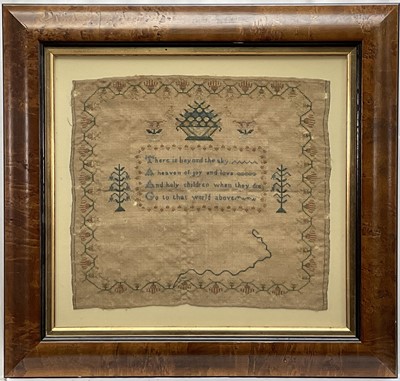 Lot 290 - 19th century sampler depicting a verse within foliate border, 30cm x 33cm, in glazed frame