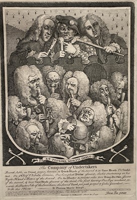 Lot 299 - William Hogarth, 18th century black and white engraving - The Company of Undertakers, published 1736, 27.5cm x 19cm, together with a Rowlandson print 'Exhibition Stair Case', 45cm x 31cm, both i...