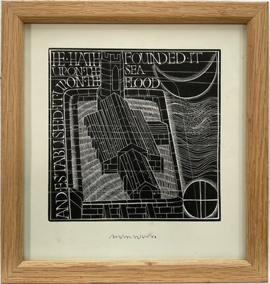 Lot 298 - Andrew Anderson, contemporary, signed wood engraving - Rollesby Church, 'He hath founded it upon the Sea...', c.1965, 17.5cm x 16.5cm, in glazed frame