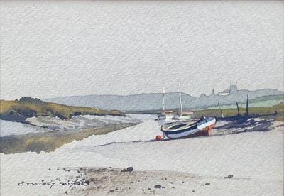 Lot 296 - Godfrey Sayers, 20th , watercolour - Blakeney Church from Morston Quay, signed, 12cm x 17cm, in glazed gilt frame