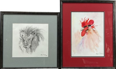 Lot 301 - Margie Standeven, contemporary, two works, a watercolour of a cockerel and a pencil drawing of a lion