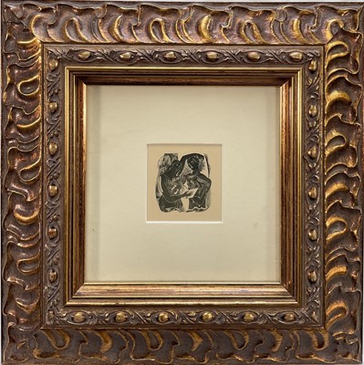 Lot 302 - Manner of Blair Hughes-Stanton, woodcut depicting two figures, 6cm square, in glazed gilt frame