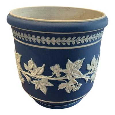 Lot 391 - Victorian Jasperware jardiniere, with central band of applied bramble decoration, 18cm in diameter.
