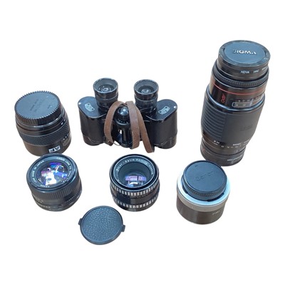 Lot 133 - Zeiss Sportur binoculars and a selection of camera lenses including Canon FD 1.4 and Oreston 1.8