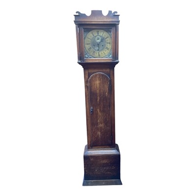 Lot 370 - 18th century oak long case clock, unsigned but believed to be Norfolk maker, with two weights and pendulum
