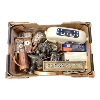 Lot 138 - Lot of miscellaneous items including brass lamp base, Bush radio, inkwells etc