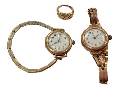 Lot 918 - Vintage 9ct rose gold cased wristwatch on 9ct rose gold expandable bracelet, one other 9ct gold cased watch on plated bracelet and 18ct gold ring (cut)