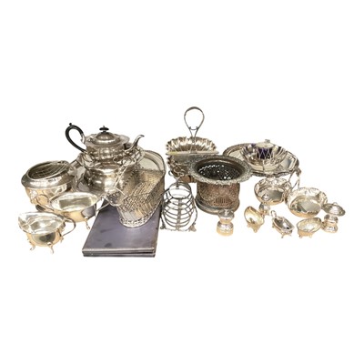 Lot 125 - Lot of silver plated items including three piece teaset, basket, trays etc