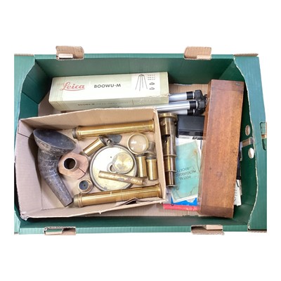 Lot 124 - Leica accessory, telescope lenses, small brass microscope, rolling rule etc