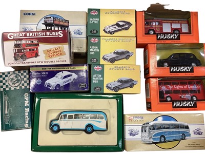 Lot 686 - Husky Tour Bus ~ TY87401, Black Taxi ~ TY83901 & Fire Engine ~ TY87201, Cotrgi Classics & Classic Sports Cars, boxed (1 box)