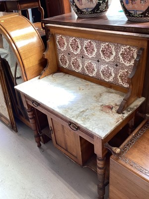 Lot 5376 - Edwardian satin walnut marble topped washstand with tiled back, 92cm wide, 46.5cm deep, 115cm high