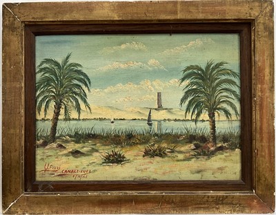 Lot 310 - U.Pizzi A view of the Suez Canal, oil on board, signed and dated 3/12/45, in gilt and wooden frame. 25 x 35cm.