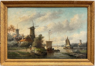 Lot 313 - J.C. Corous, Dutch canal scene with windmills and sailing vessels, oil on canvas, signed, in a gilt frame. 29 x 45cm.