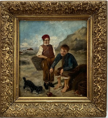 Lot 317 - English School, late 19th Century, young fishermen and their dog playing with a large crab on the foreshore, oil on canvas, in a gilt frame. 28 x 25cm.                                      ...