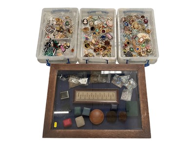 Lot 996 - Three boxes of vintage paste set brooches, together with a glazed display case containing empty jewellery boxes, chains etc