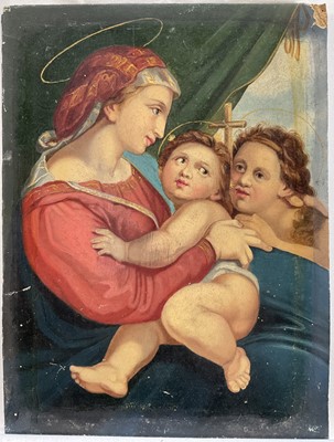 Lot 307 - After Raphael, a late 19th century oil on board of the Virgin Mary, Infant Christ and St. John the Baptist, unframed. 23 x 17cm.