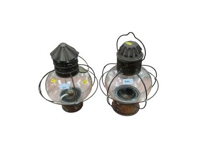Lot 422 - Two brass ships lanterns, salvaged from the Ypapanti (originally called SS Winsor) in 1966 when it ran aground at Walton-on-Naze, together with a ship's bell rope