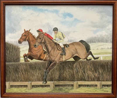 Lot 314 - Geraldine Freeman, the race horse Arkle taking a fence, oil on canvas, signed and dated 1990, in wooden frame. 50 x 60cm