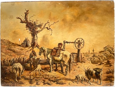 Lot 319 - Continental School, oil laid on panel, figures and a horse by a well with goats, unframed, 31cm x 41cm