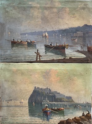 Lot 311 - Luigi Salvi, views of Ischia and the Bay of Naples, a pair of oils on canvas, both signed and one inscribed, unframed. Each 30 x 45cm. (2)