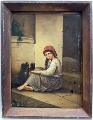 Lot 306 - Italian School 19th Century, an oil on metal of a young beggar girl sat of the steps of a house, in wooden frame. 23 x 17cm.