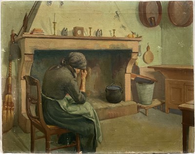 Lot 318 - Dutch School, 20th Century, An old peasant woman sat in a chair in a cottage interior, oil on canvas, unframed. 45 x 57cm.