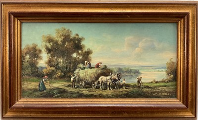 Lot 308 - Bruno Krauel born 1907, an extensive river landscape with a hay making scene in the foreground, oil on panel, signed also inscribed verso, in gilt frame.14 x 29cm.                               ...