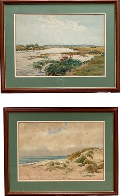 Lot 320 - Clement Lambert (1854 - 1924) pair of watercolours, a river landscape with cattle watering, and a beach scene, one signed, in wooden frames. Each 35 x 59cm