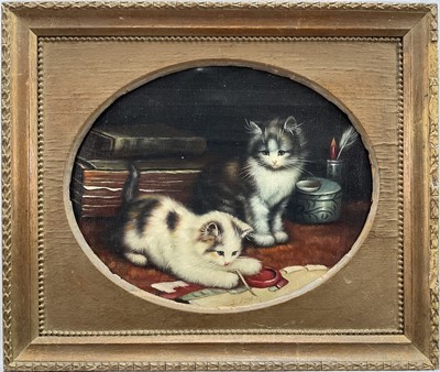 Lot 309 - Manner of Henriette Ronner-Knip, 20th Century, kittens playing on a writing table, oil on canvas, oval in gilt frame. 18 x 23cm.
