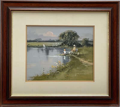 Lot 312 - John Horsewell born 1952, a fisherman and his son by the side of a lake, oil on board, signed, in wooden frame. 23 x 28.                                                                          ...