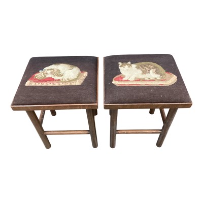Lot 1389 - Two stools with antique needlework seats depicting a dog and a cat