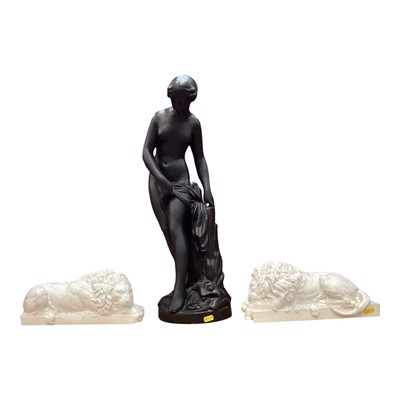Lot 715 - Pair of contemporary Canova white plaster recubant lions and a plaster figure of a classical lady (3)