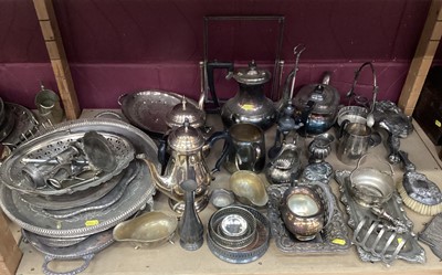 Lot 717 - Two shelves of silver plated trays, tea and coffee pots and assorted plate
